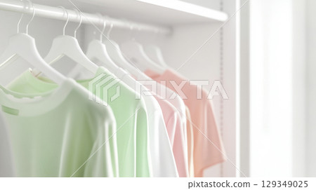 Light pastel clothes on rail, soft colors and minimal design background 129349025