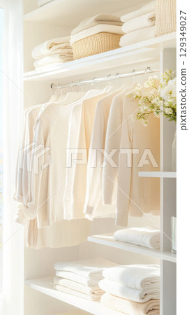 Neutral clothes hanging on a rail in a bright, organized closet, background 129349027