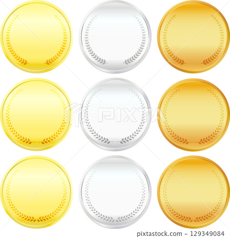 Round, three-dimensional medals in gold, silver, and bronze decorated with laurel wreaths 129349084