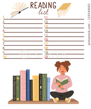 Reading list with girl sitting on a bookshelf. Reading list with girl sitting on a bookshelf. 129349085