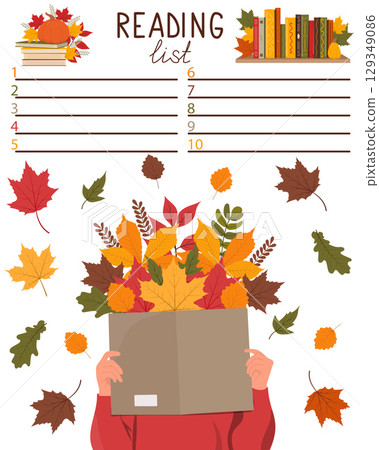 Reading list template with book lover hiding behind a book. Reading list template with book lover hiding behind a book. 129349086