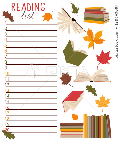 Reading list template with flying books. Concept of personal scheduling template.  129349087