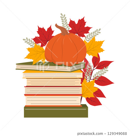 Vector illustration of a stack of books with maple leaves and pumpkin. Vector illustration of a stack of books with maple leaves and pumpkin. 129349088