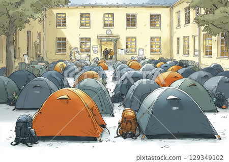 孩子們在校園裡練習搭帳篷 129349102