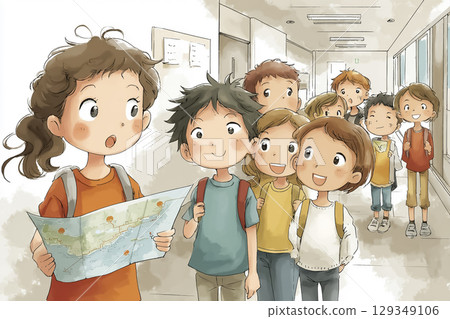 一群人手裡拿著防災地圖在學校裡走來走去 一群人手裡拿著防災地圖在學校裡走來走去 129349106