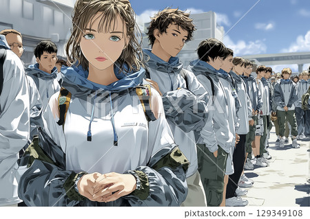 High school students gathered in the schoolyard for an evacuation drill 129349108