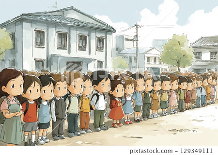Elementary school students line up in the schoolyard during an evacuation drill 129349111