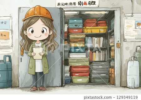 Illustration material of a teacher inspecting the school's disaster prevention warehouse 129349119