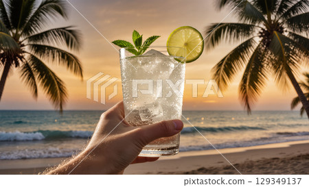 Refreshing Hugo Spritz cocktail with mint and lime held on tropical beach during sunset, perfect summer drink concept 129349137