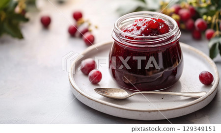 Jar of homemade red berry jam with spoon on ceramic plate, surrounded by cranberries, cozy rustic dessert concept 129349151