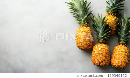 Group of ripe pineapples arranged on white background, tropical fruit concept with copy space 129349152