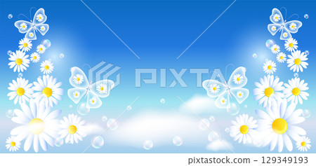 Butterflies and flowers flying in cloudy sky among daisy flowers and clouds in blue sky. Environment day concept. 129349193