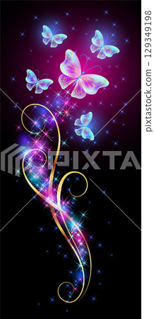 Flying delightful blue butterfly with sparkle and blazing trail flying in night sky among shiny glowing stars and golden small butterflies in cosmic space. 129349198