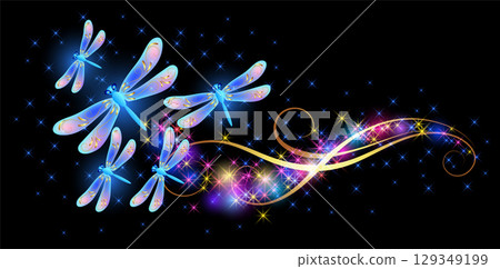 Flying dragonflies with sparkle and blazing trail and glowing stars. Animal protection day concept or birthday card. 129349199