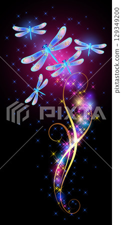 Flying dragonflies with sparkle and blazing trail and glowing stars. Animal protection day concept or birthday card. 129349200