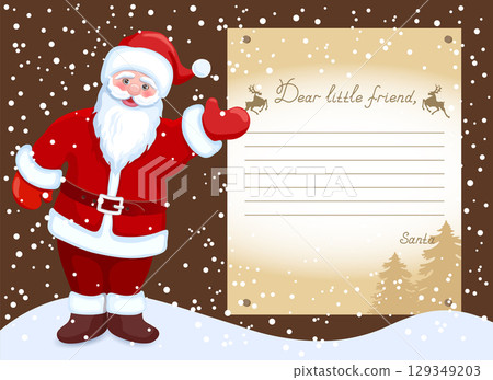 Layout letter template from Santa Claus with inscription "Dear little friend" and cartoon Santa in the background of snowfall. 129349203