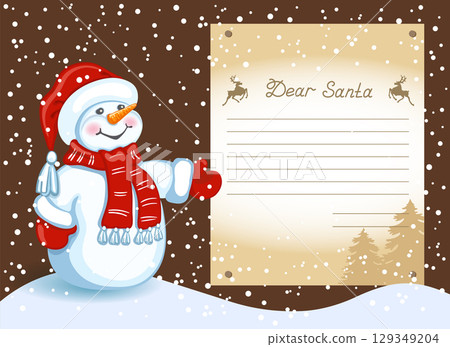 Layout template letter to Santa Claus with cartoon funny Snowman with Christmas letter for Santa Claus in the background of snowfall. 129349204