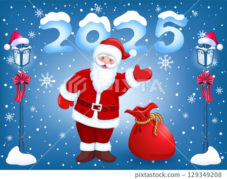 Santa Claus with red bag and Christmas vintage streetlamp with red bow. New Year card. 129349208