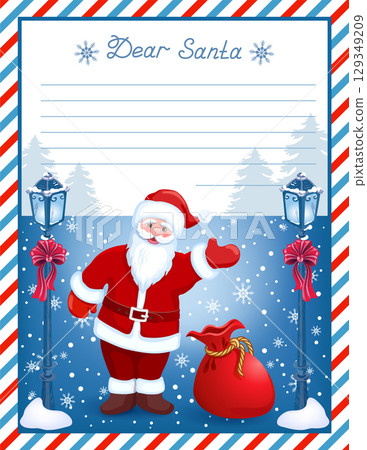 Layout letter template to Santa Claus with inscription "Dear Santa" and cartoon Santa in the background of snowfall. Layout letter template to Santa Claus with inscription "Dear Santa" and cartoon Santa in the background of snowfall. 129349209