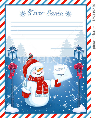 Layout letter template to Santa Claus with inscription "Dear Santa" and cartoon Snowman with enwelope in the background of snowfall. 129349210