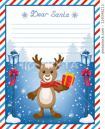 Layout letter template to Santa Claus with inscription "Dear Santa" and cartoon deer fawn with gift box in the background of snowfall. Layout letter template to Santa Claus with inscription "Dear Santa" and cartoon deer fawn with gift box in the background of snowfall. 129349211