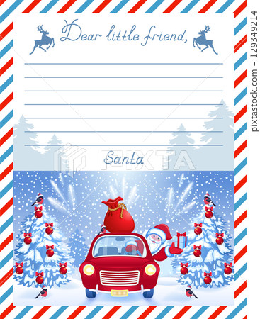 Layout letter template from Santa Claus with inscription "Dear little friend" and cartoon Santa in red retro car with big gift bag on background of snowfall and Christmas tree. 129349214