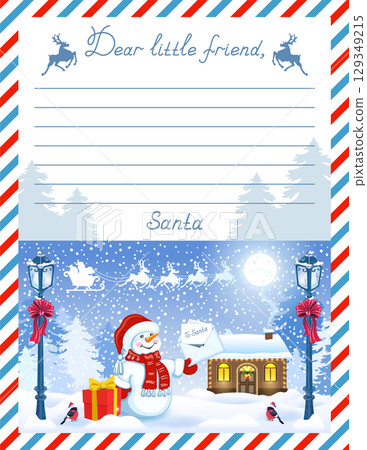 Layout letter from Santa Claus with inscription "Dear little friend" and cartoon Snowman with enwelope in the background of snowfall. 129349215