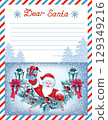 Layout letter template to Santa Claus with inscription "Dear Santa" and cartoon Santa with Christmas gift box, bullfinch and spruce garland. 129349216