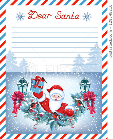 Layout letter template to Santa Claus with inscription "Dear Santa" and cartoon Santa with Christmas gift box, bullfinch and spruce garland. 129349216