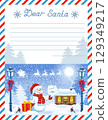 Layout letter template to Santa Claus with inscription "Dear Santa" and cartoon Snowman with enwelope in the background of snowfall. 129349217