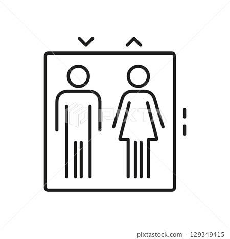 Elevator With Male And Female Figures Line Icon. Gender Inclusive Lift Symbol. Accessibility And Public Transport Outline Illustration. Editable Stroke. Isolated Vector Illustration 129349415