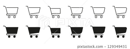 Shopping Cart Line And Solid Icon Set. E-Commerce, Online Shopping, And Retail Marketplace Outline And Silhouette Symbol Collection. Digital Commerce And Consumer Goods. Isolated Vector Illustration Shopping Cart Line And Solid Icon Set. E-Commerce, Online Shopping, And Retail Marketplace Outline And Silhouette Symbol Collection. Digital Commerce And Consumer Goods. Isolated Vector Illustration 129349431