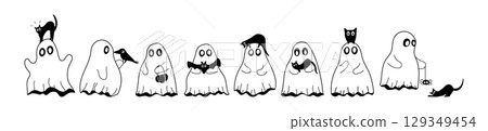 Cute ghost character set with cat, bat, crow, spider and owl. Halloween character on different scenes. White ghost with black eyes, Cute spooky ghost. Isolated background. Vector illustration 129349454
