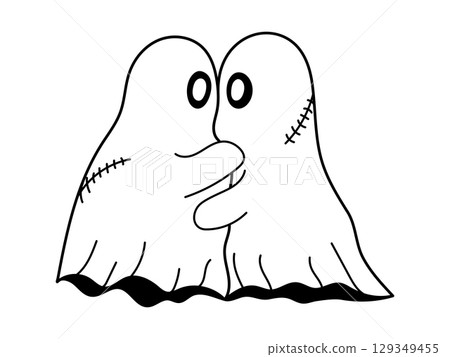 Cute ghost couple kissing and hugging. Halloween character. White ghost with black eyes, Cute spooky ghost. Isolated background. Vector illustration Cute ghost couple kissing and hugging. Halloween character. White ghost with black eyes, Cute spooky ghost. Isolated background. Vector illustration 129349455