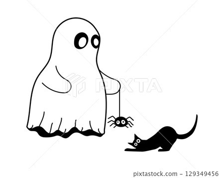 Cute spooky ghost playing by spider with black cat. Hand drawn Halloween doodle on isolated background. Funny ghost with cat. Cute spooky ghost playing by spider with black cat. Hand drawn Halloween doodle on isolated background. Funny ghost with cat. 129349456