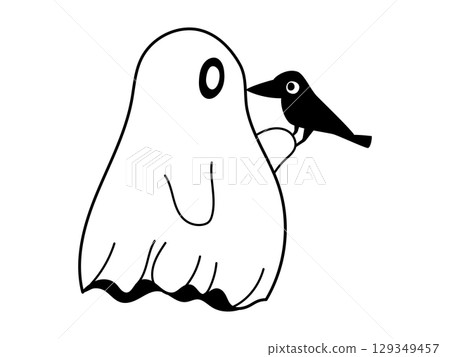 Cute spooky ghost with black crow sitting on the hand. Hand drawn Halloween doodle on isolated background. Funny ghost with bird. 129349457