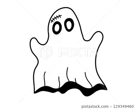 Cute frightening ghost character. Halloween character. White ghost with black eyes, Cute spooky ghost. Isolated background. Vector illustration Cute frightening ghost character. Halloween character. White ghost with black eyes, Cute spooky ghost. Isolated background. Vector illustration 129349460
