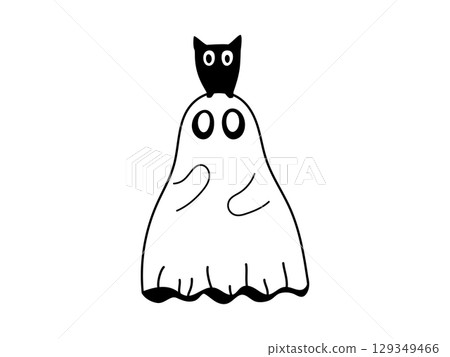 Cute spooky ghost with black owl sitting on the head. Hand drawn Halloween doodle on isolated background. Funny ghost with owl. 129349466