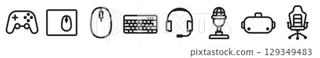 PC gaming equipment icon set. 48x48 pixels size. gamepad, mouse pad, mouse, keyboard, headset, vr helmet, gaming chair icon sheet. 129349483