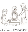 Line drawing illustration of female students showing each other their lunch boxes 129349495