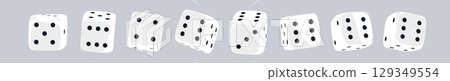 White dice set on isolated background. Random rolling dice cubes. White roll cubes for gamble games. 3d rendering 129349554