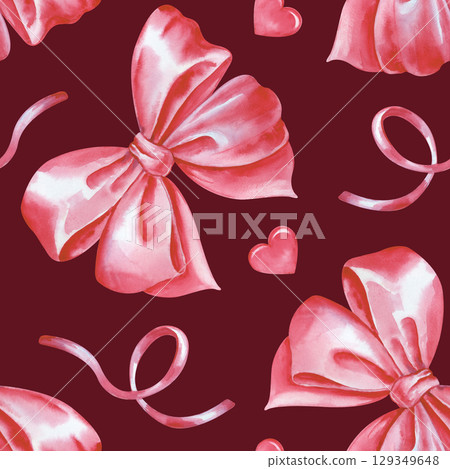 Watercolor seamless pattern with pink bows, ribbons and hearts on a dark red background. Seamless background with bows, ribbons and hearts for fabric, wallpaper, packaging, textiles, scrapbooking 129349648