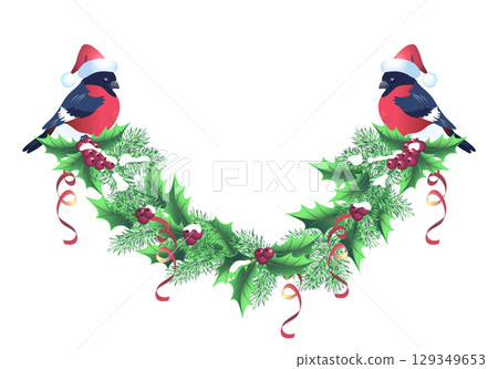 Christmas spruce garland and bullfinches bird in Santa hat in retro style. New Year element design. 129349653