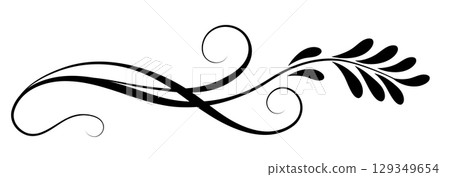 Floral ornament with leaves and abstract wave lines. Graceful element for decor and greeting or invitation card design Floral ornament with leaves and abstract wave lines. Graceful element for decor and greeting or invitation card design 129349654