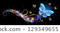 Flying delightful big blue butterfly with sparkle and blazing trail flying in night sky among shiny glowing stars and golden small butterflies in cosmic space. 129349655