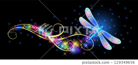 Flying dragonfly with sparkle and blazing trail and glowing stars. Animal protection day concept or birthday card. 129349656