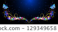 Sparkle stars frame with golden ornament and Flying two blue butterflies in cosmic space. Animal protection day concept or birthday card for birthday. 129349658