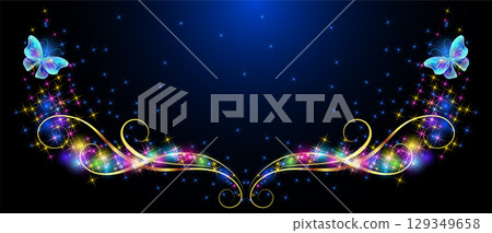 Sparkle stars frame with golden ornament and Flying two blue butterflies in cosmic space. Animal protection day concept or birthday card for birthday. Sparkle stars frame with golden ornament and Flying two blue butterflies in cosmic space. Animal protection day concept or birthday card for birthday. 129349658