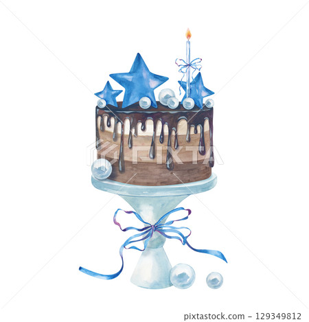 A chocolate cake on a stand with blue decor for celebrating Baby Shower or a boy's birthday, hand-drawn. Watercolor illustration of a dessert with a lighted candle, blue ribbons and stars on a white A chocolate cake on a stand with blue decor for celebrating Baby Shower or a boy's birthday, hand-drawn. Watercolor illustration of a dessert with a lighted candle, blue ribbons and stars on a white 129349812