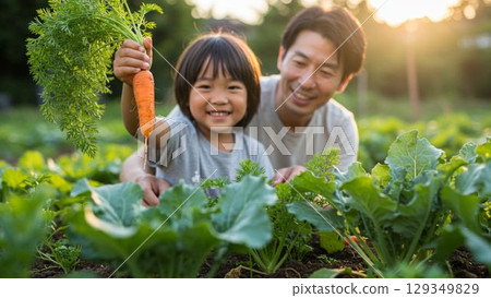 Parents and children harvesting vegetables in the field 129349829